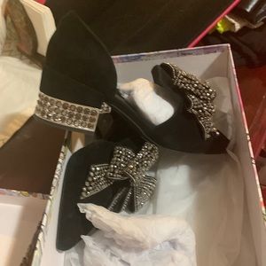 Jeffrey Campbell Valenti Embellished Bow Black Suede Pointed Toe Slip On Heels